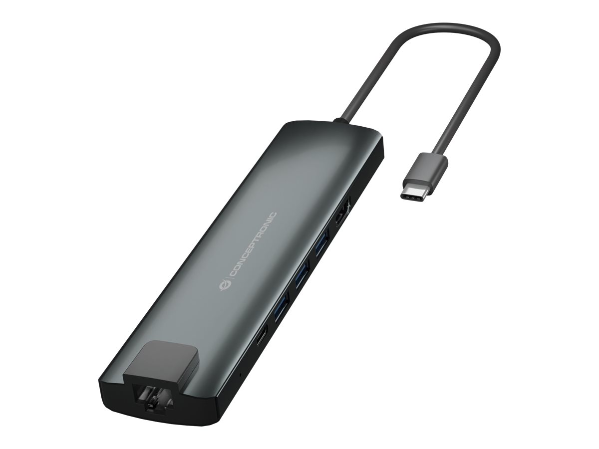 Conceptronic DONN06G 10-in-1 USB-C 3.2 Gen 1 Docking Station, 100 W USB PD, HDMI 4K, GbE, Grau