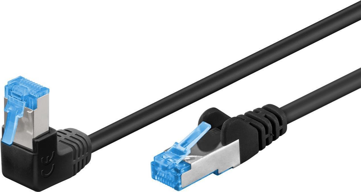 Goobay CAT 6A Patchkabel 1x 90° gewinkelt, S/FTP (PiMF), Schwarz, 0.25 m - Rastnase oben, LSZH halogenfrei, Kupfer (51555)