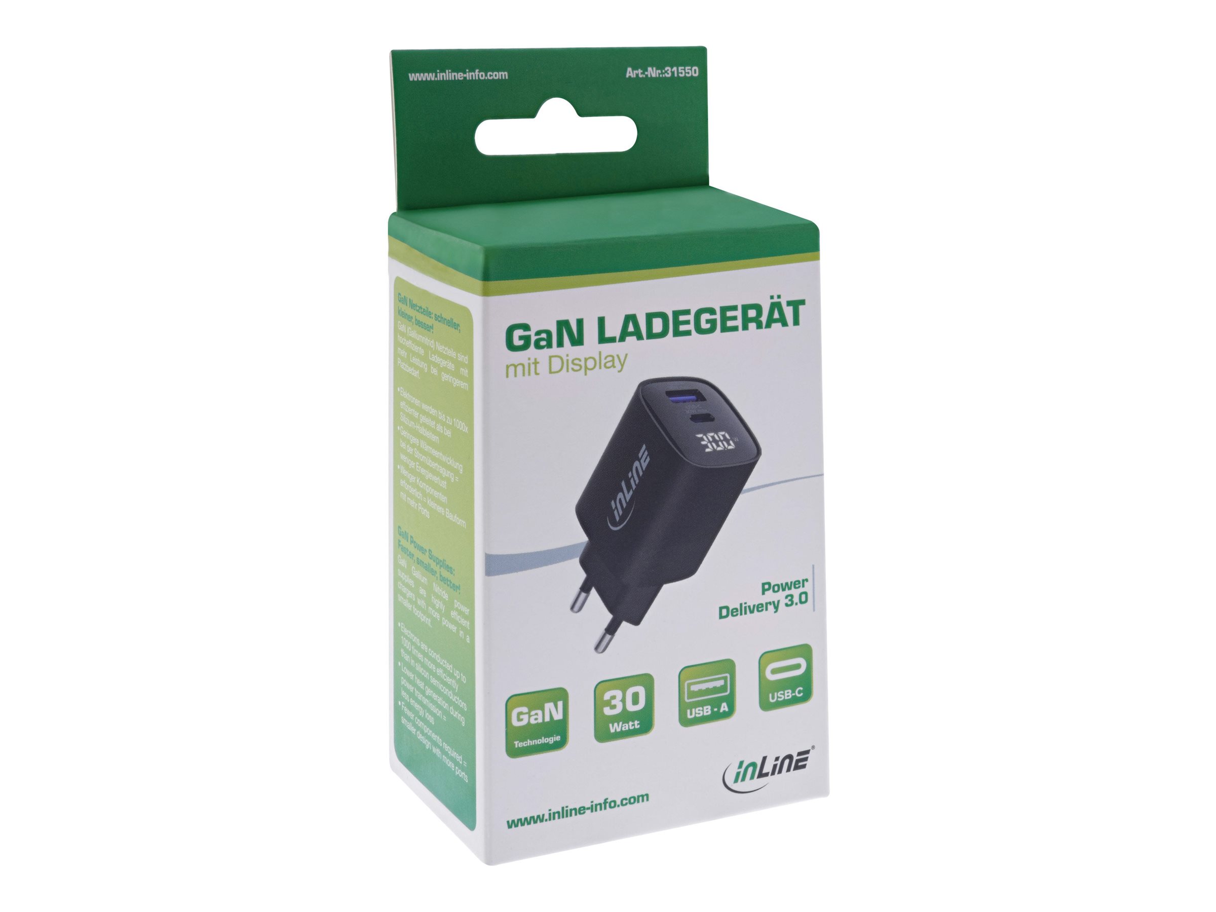 InLine GaN Netzteil USB-C + USB-A 30 W mit Display Schwarz