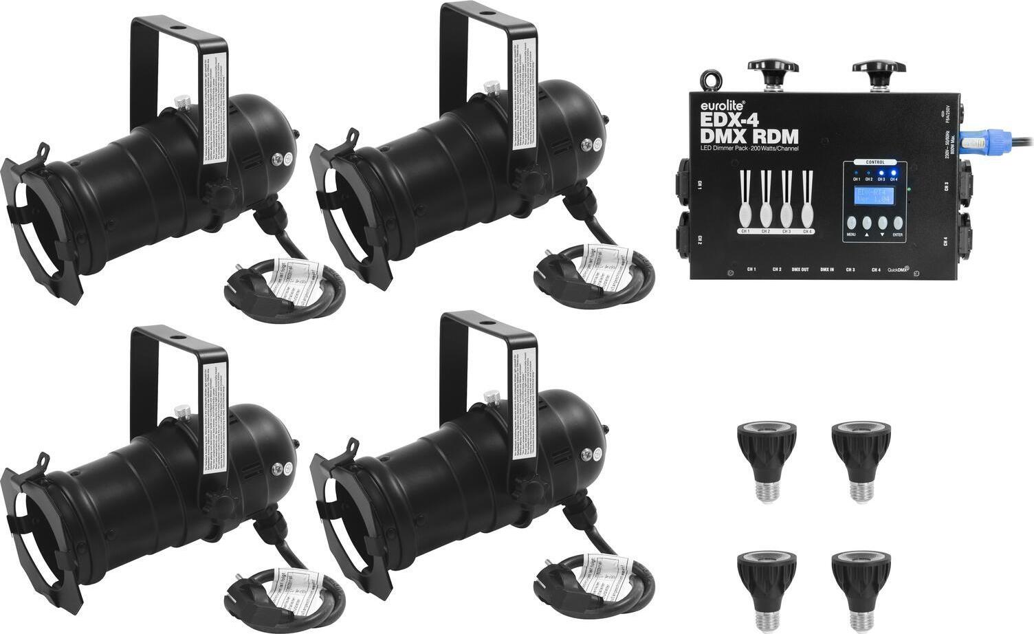 EUROLITE Set 4x PAR-20 Spot sw dim2warm + EDX-4 DMX RDM LED-Dimmerpack (20000695)