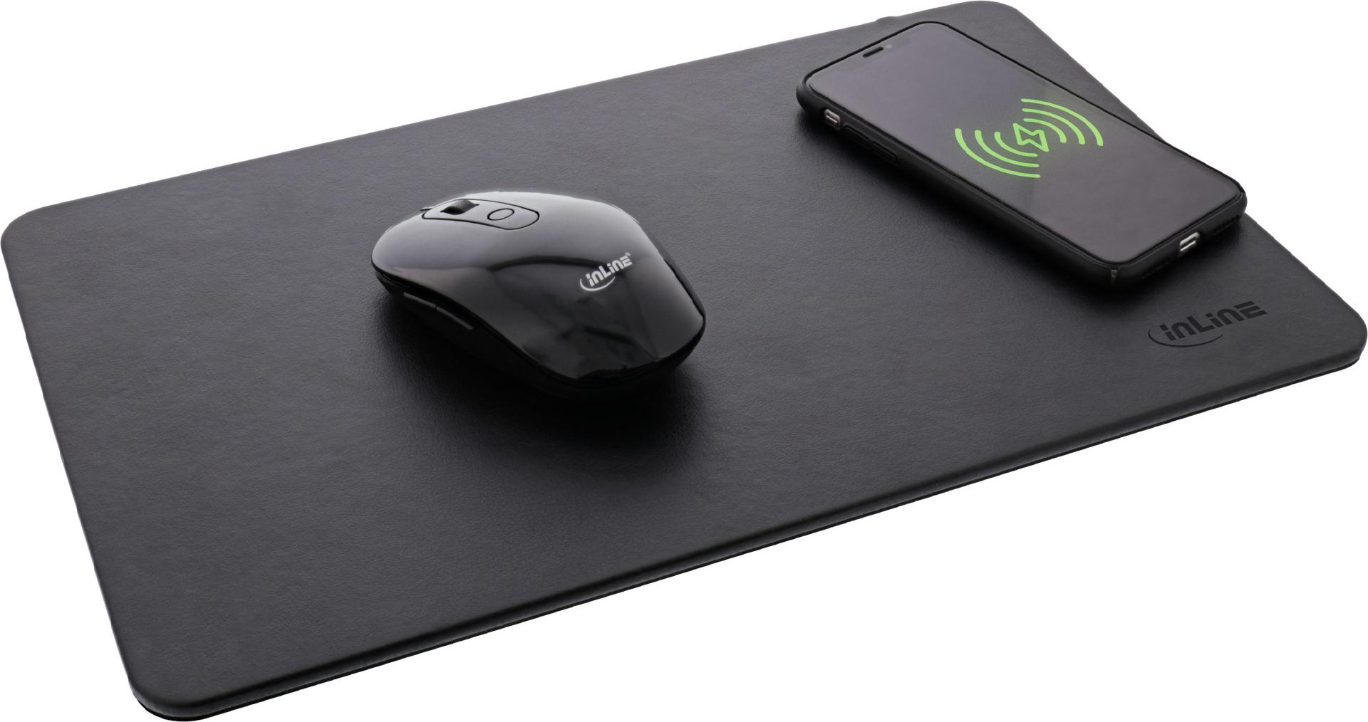 InLine Mauspad mit Wireless Charging (Qi), 10 W, Kunstleder, 370x225x7mm, Schwarz