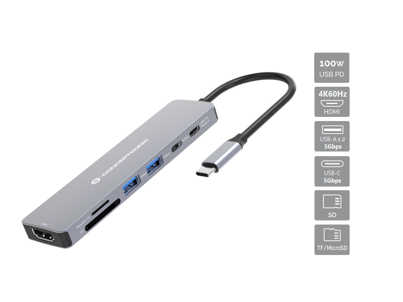 Conceptronic DONN28G 7-in-1 USB 3.2 Gen 1 Dockingstation Grau