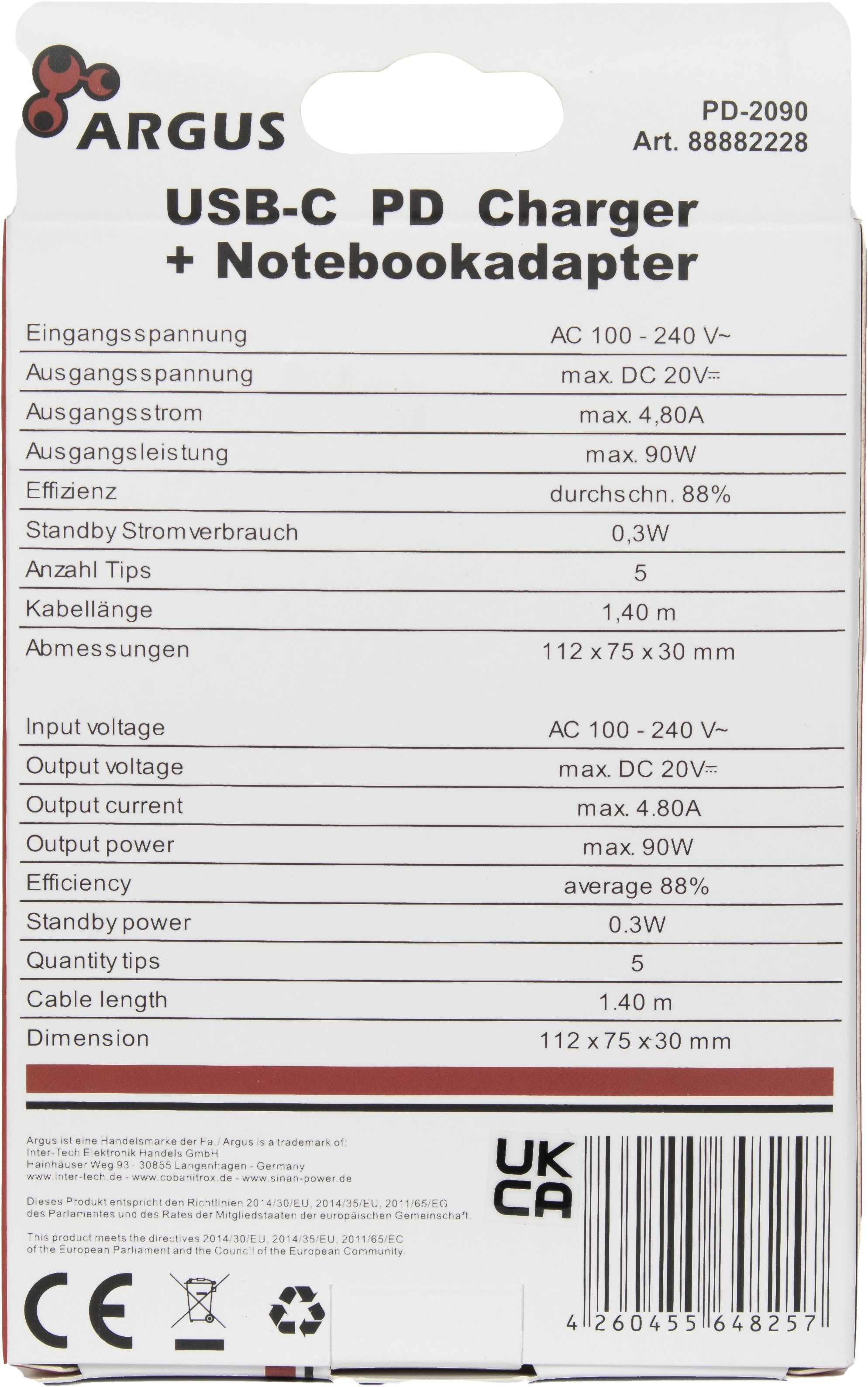Inter-Tech PD-2090 90 W Notebook-Netzteil Schwarz