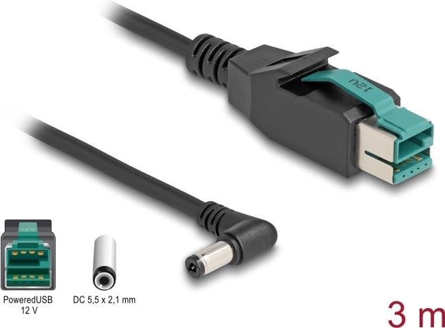 Delock PoweredUSB Kabel Stecker 12 V zu DC 5,5 x 2,1 mm Stecker gewinkelt 3 m (80013)