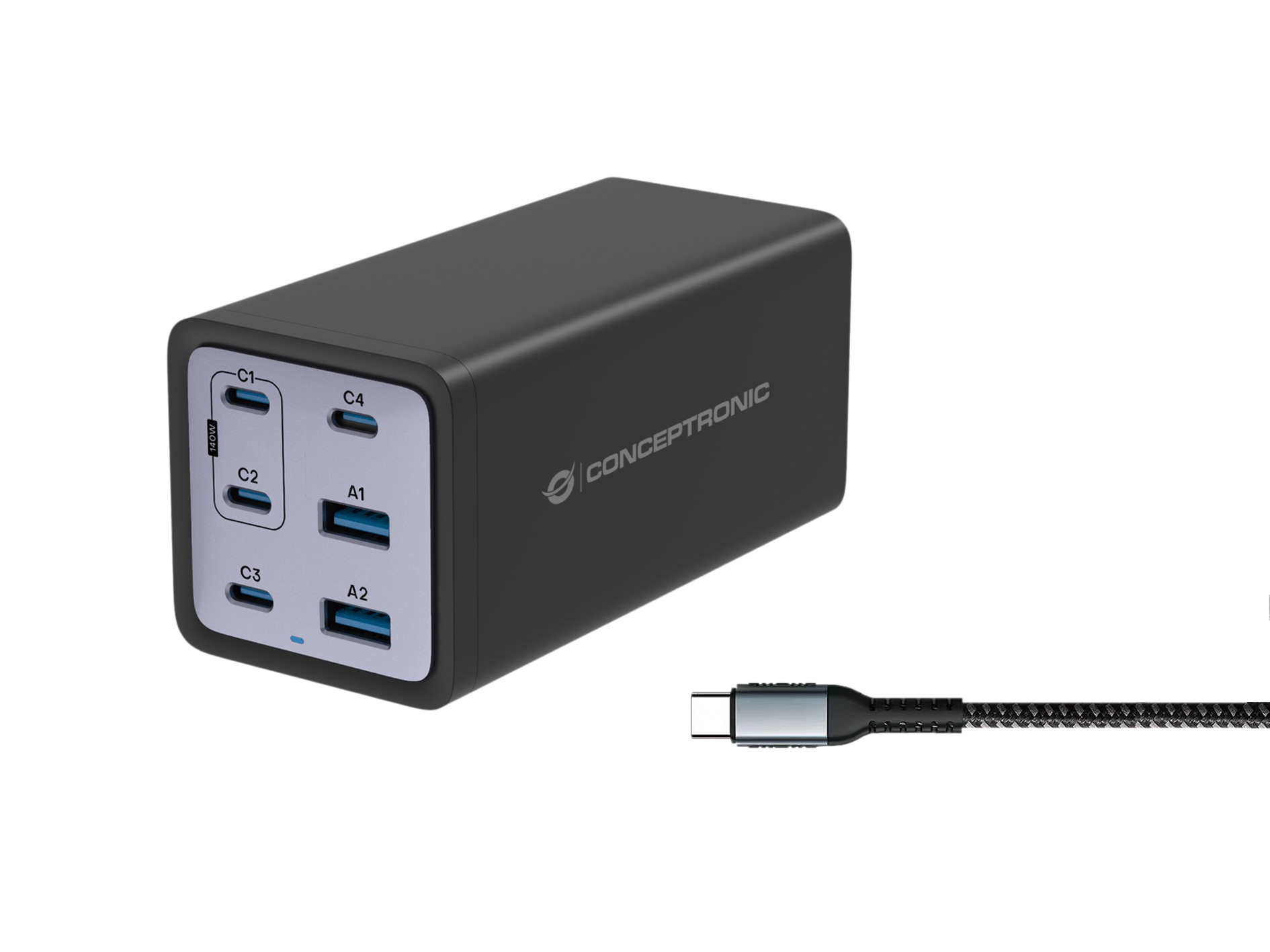 Conceptronic OZUL06BE Ladegerät 200W GaN 4x USB-C 2x USB-A Schwarz