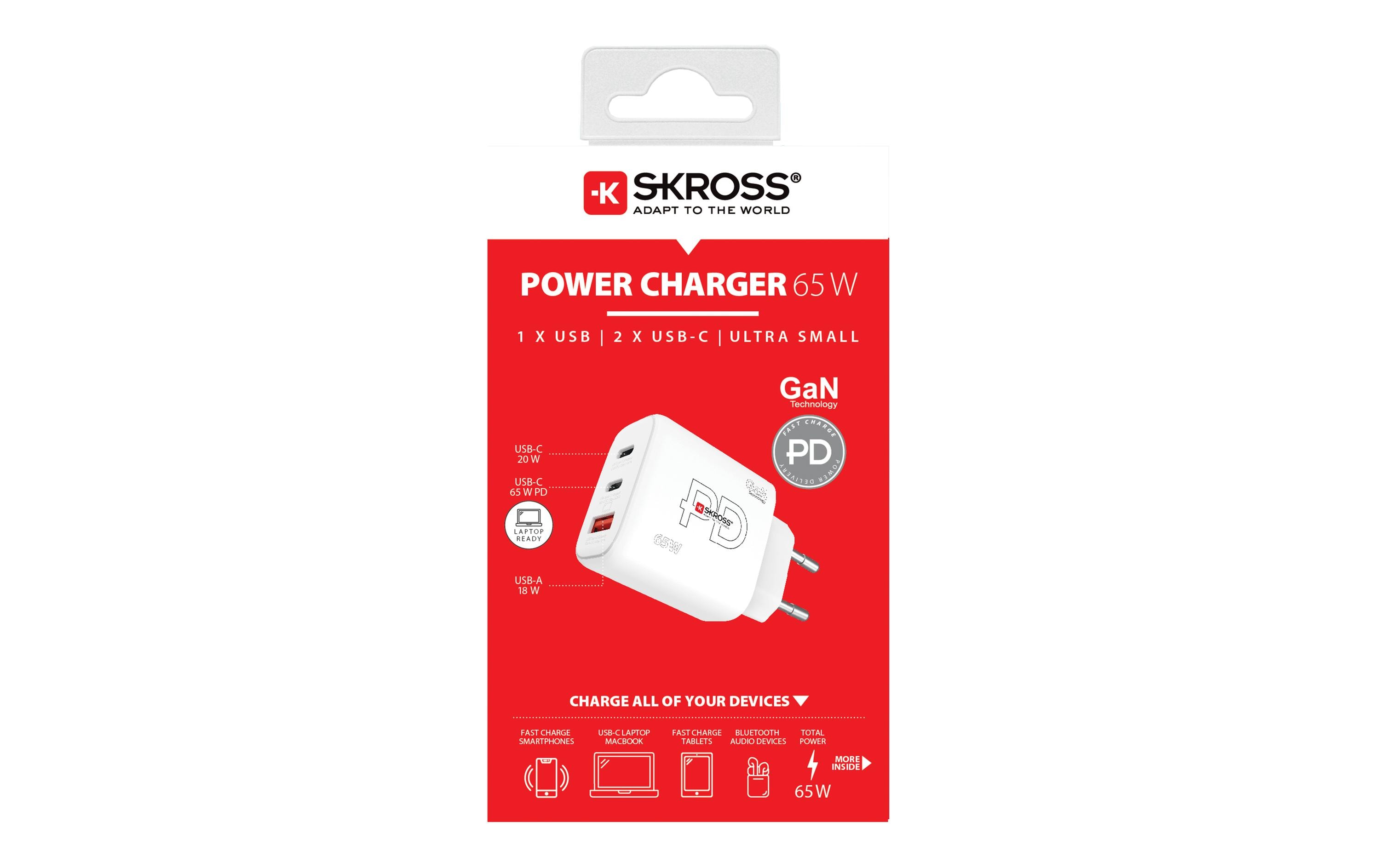 SKROSS Power Charger 65W PD GaN EU 2x USB-C 1x USB-A Weiß