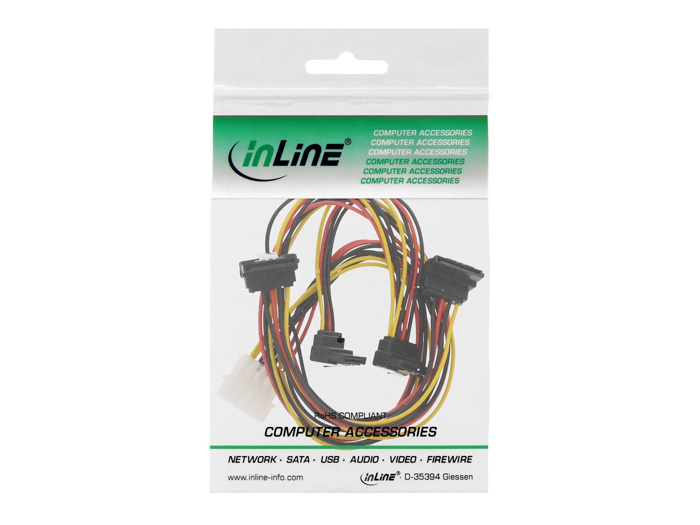 InLine Y-Stromkabel intern, 5,25" auf 4x SATA 15-Pin gewinkelt mit Lasche, 40+55 cm, Schwarz