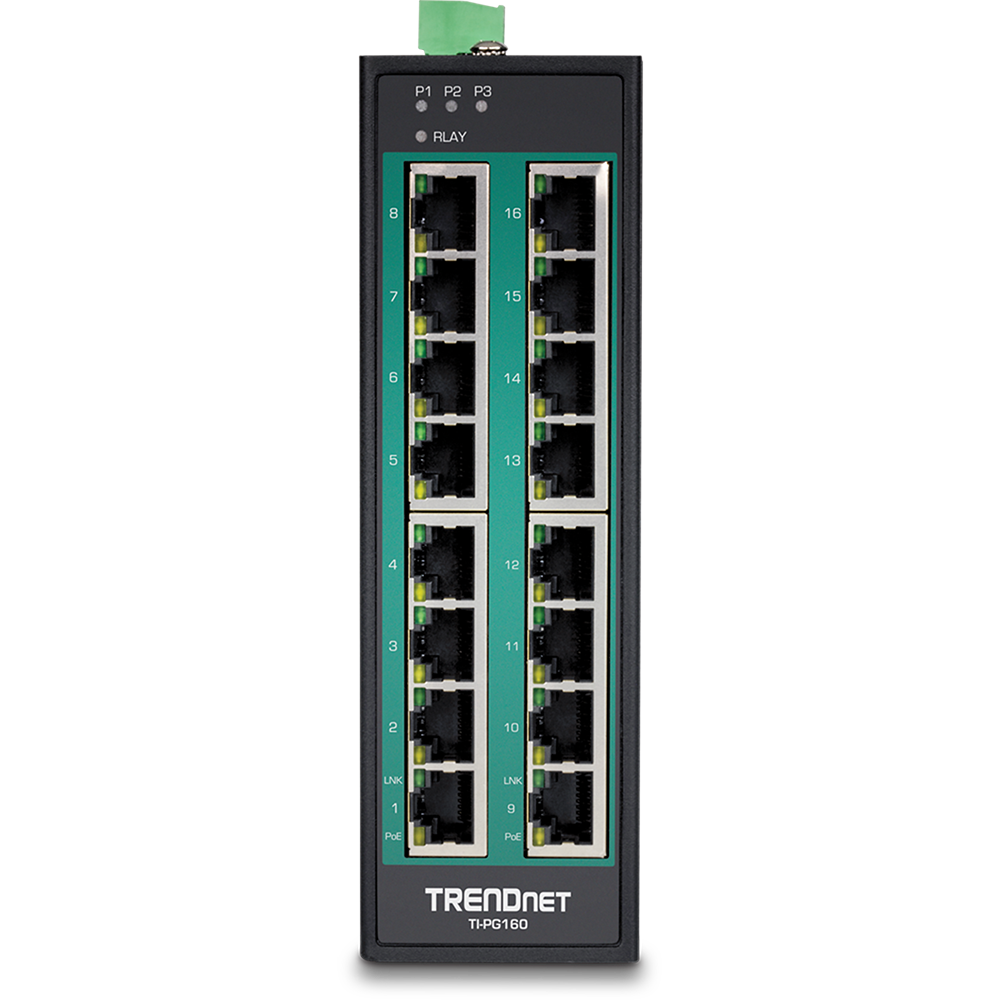 TRENDnet TI-PG160 16-Port Industrial Gigabit PoE+ DIN-Rail Switch Unmanaged Schwarz