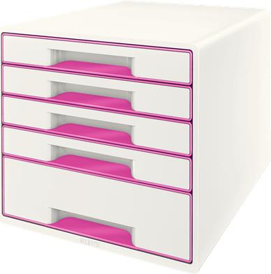 Esselte-Leitz LEITZ Schubladenbox WOW CUBE, 5 Schübe, perlweiß/pink für Format DIN A4 Maxi, Hochglanz, Schubladen mit Auszugs - 1 Stück (5214-20-23)