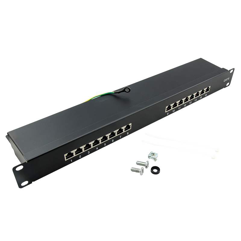 LogiLink EconLine 19" Patch Panel Kat.6, 16 RJ45 Ports, 1 HE, geschirmt, Schwarz