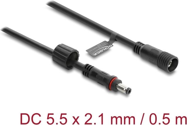Delock DC Verlängerungskabel 5,5 x 2,1 mm Stecker zu Buchse mit Schraubverschluss M12 x 1,75 mm Gewinde wasserfest 18 AWG, 0,5 m schwarz (66320)