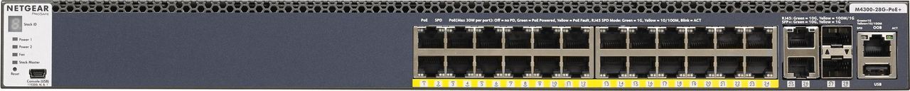 Netgear M4300-28-PORT GB POE+SWITCH M4300-28G-PoE+ (550W PSU) stackl.mdg.Switch mit 24x1G PoE+ und 4x10G incl. 2x10GBASE-T and 2xSFP+ Layer 3 (GSM4328PA), halbe Baubtiefe (GSM4328PA-100NES)
