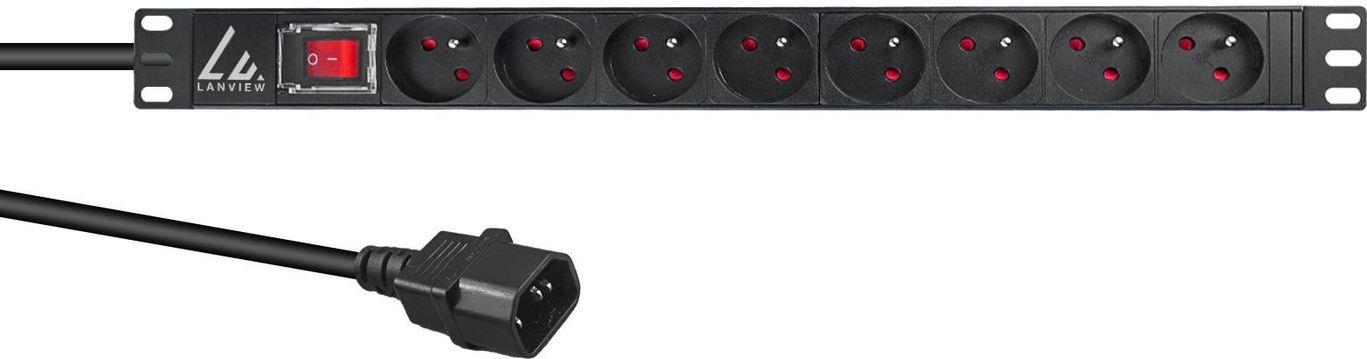 Lanview LVR-2MSCH-SW-C13-8. PDU-Typen: Standard, Rack-Kapazität: 1U, Typ: Einphasig. Anzahl der AC-Ausgänge: 8 AC-Ausgänge, AC-Steckertypen: Typ E. LED-Anzeigen: Leistung, Kabellänge: 2 m. Nominale Eingang Spannung: 230 V, Stromstärke (maximal): 16 A, Nominale Ausgang Spannung: 230 V. Breite: 482 mm, Tiefe: 44,4 mm, Höhe: 44,4 mm (LVR-2MSCH-SW-C13-8)