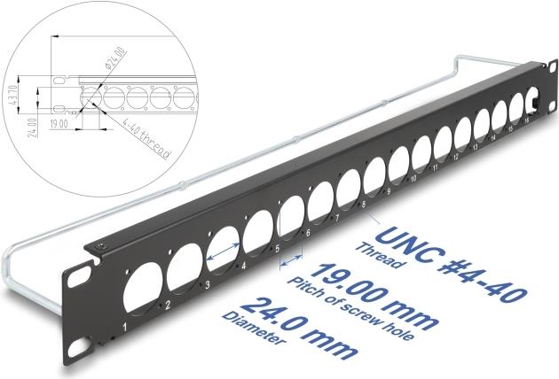 Delock 19" D-Typ Patchpanel mit Entlastungsschiene 16 Port 1 HE schwarz (67058)