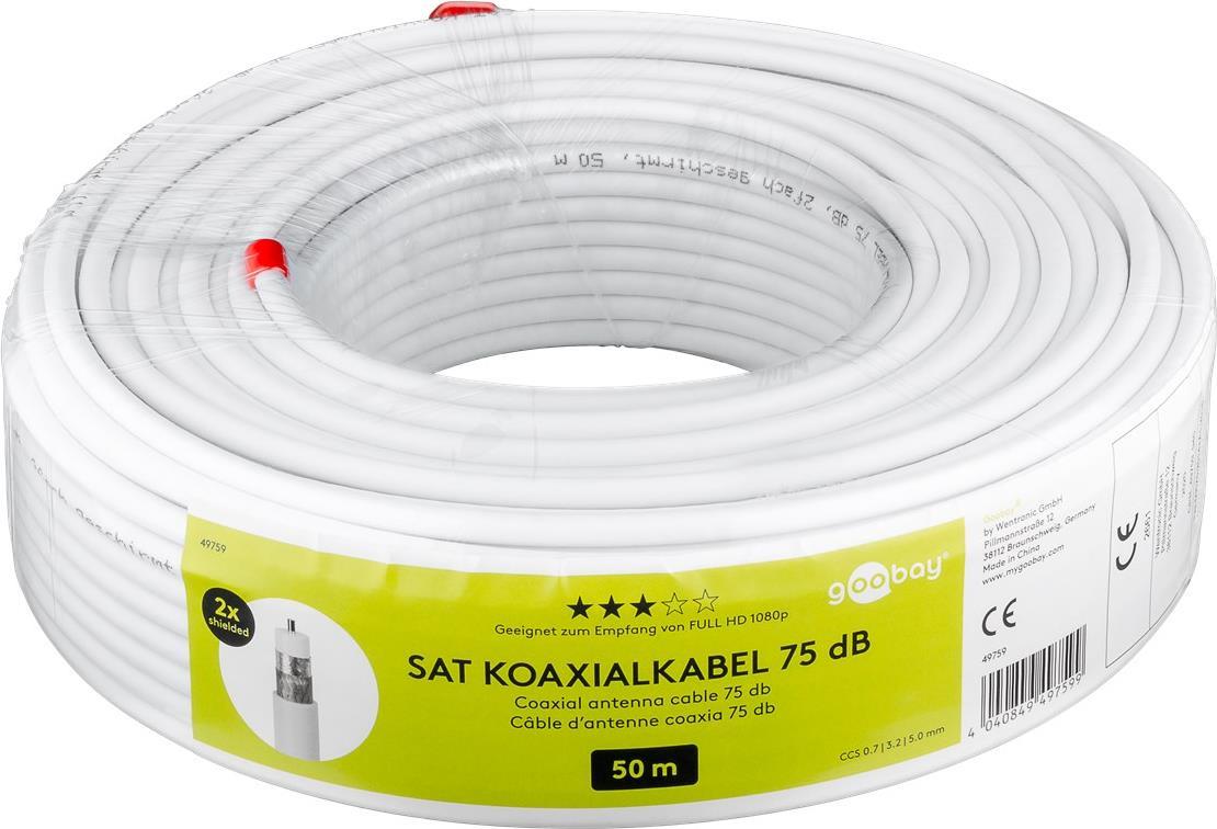 Goobay 75 dB SAT Koaxialkabel, 2x geschirmt, 50 m, Weiß - für digitale SAT- und BK-Kabelanlagen mit Stahl/Kupfer Innenleiter (49759)