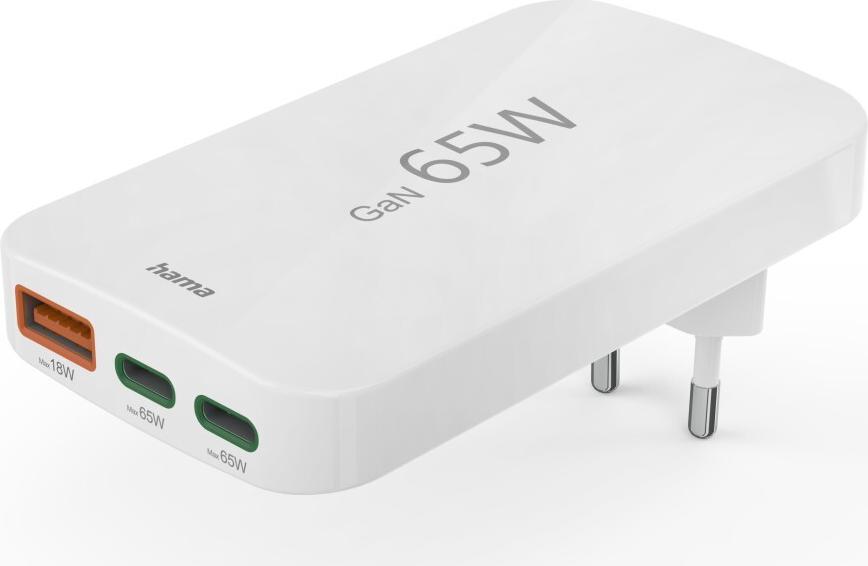 Hama Schnellladegerät, 2x USB-C, 1x USB-A, flaches Mini-Ladegerät, PD, 65 W, WS (00125144)