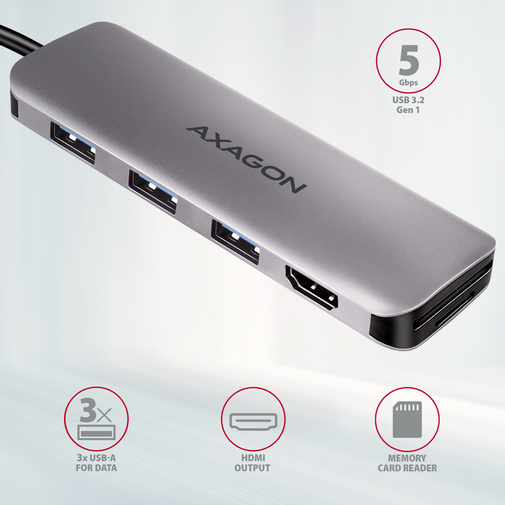 AXAGON USB-C-Hub HMC-HCR3A, 3x USB-A, HDMI, SD/microSD, USB-C 3.2 Gen 1, 20 cm Kabel, Grau