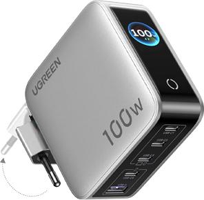 UGREEN 100W GaN Tech Nexode Pro Fast Wall Charger with Smart Display & Touch Control Grey. 5-in-1, 1x USB-A &, 4x USB-C (65620)