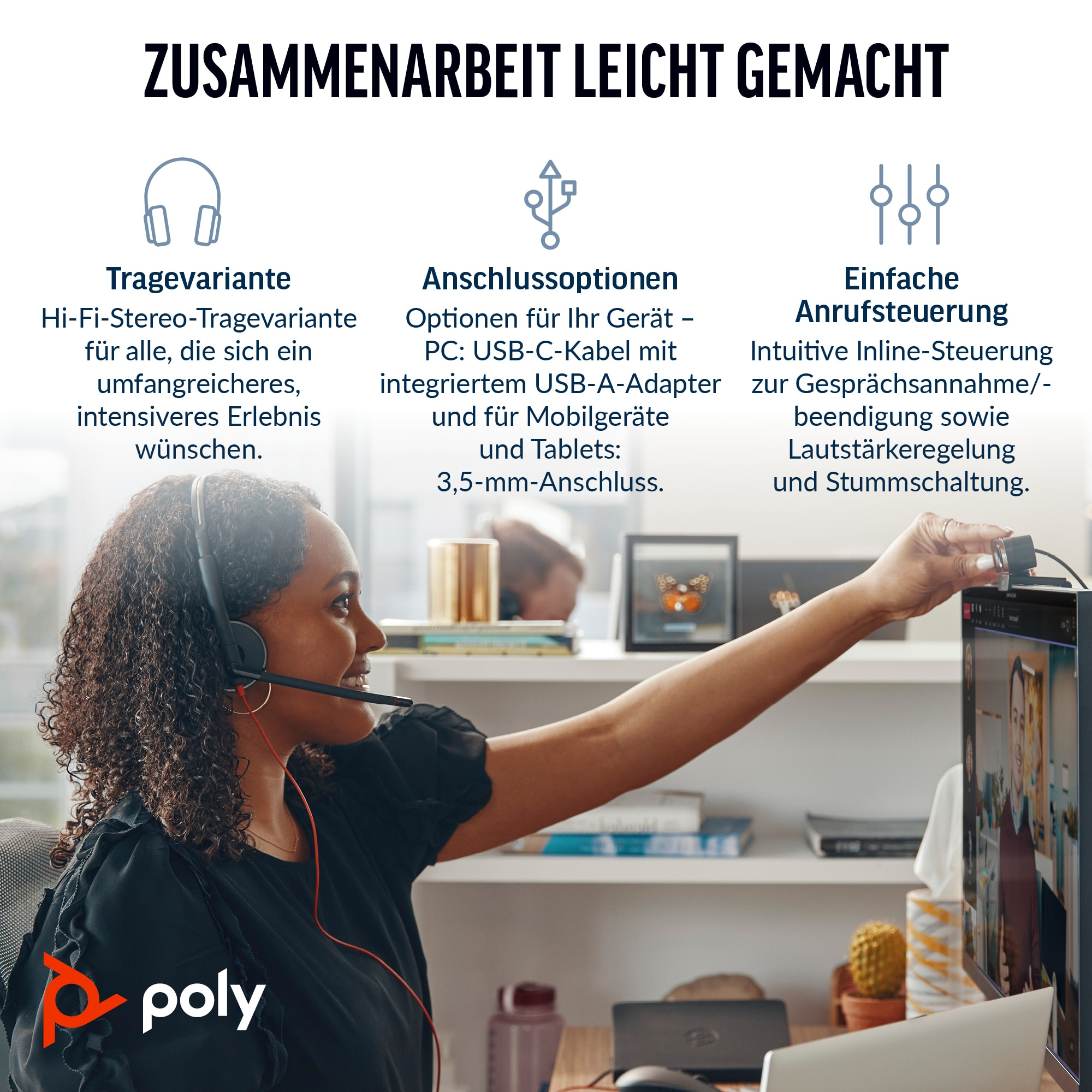 HP Poly Blackwire C3225 On-Ear Headset USB-C 3,5 mm Stecker Schwarz