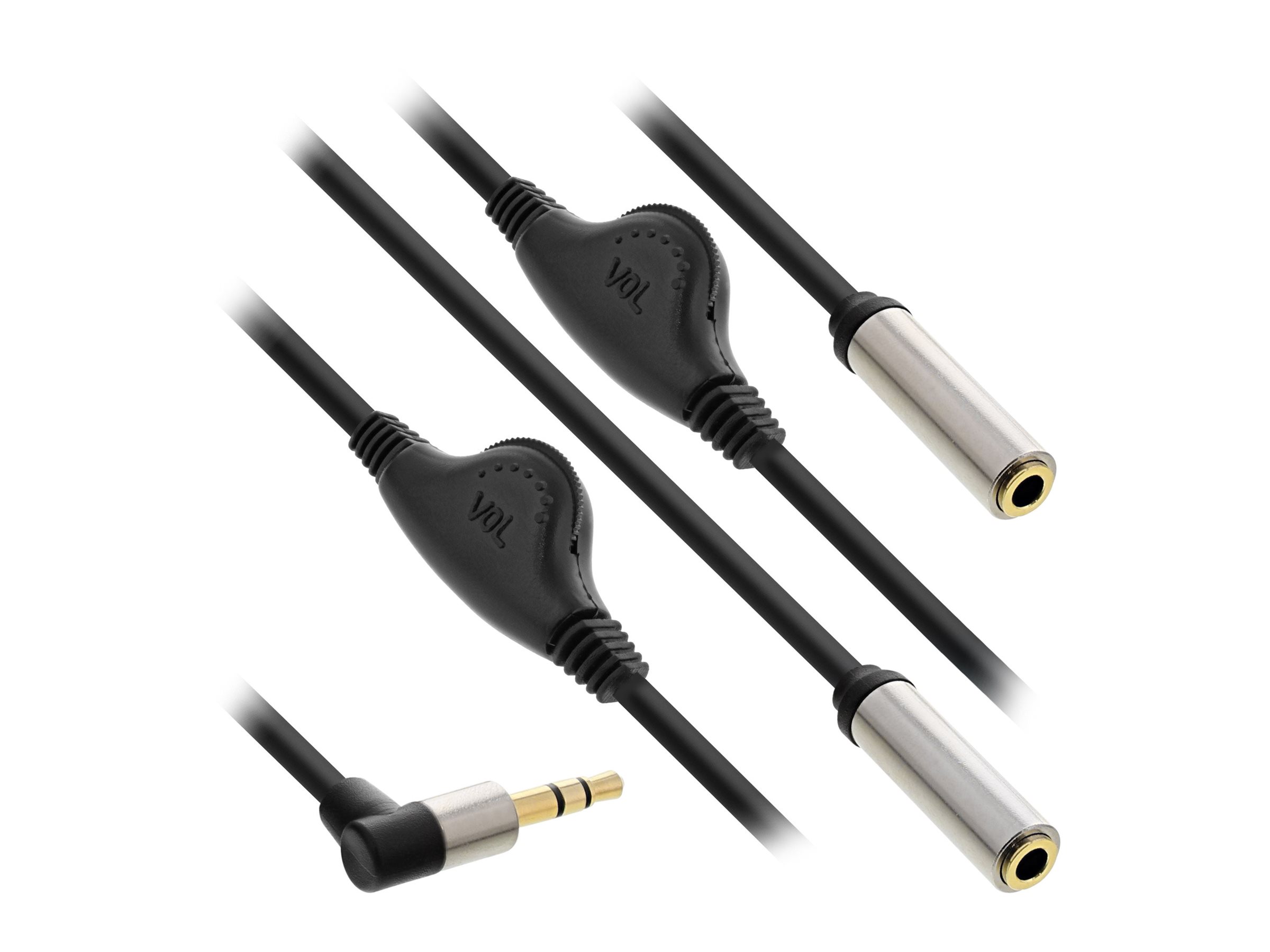 InLine Slim Audio-Splitter Y-Kabel 3,5mm Klinke Stecker gewinkelt auf 2x 3,5mm Klinke Buchse, mit Lautstärkeregler, 0,25 m, Schwarz