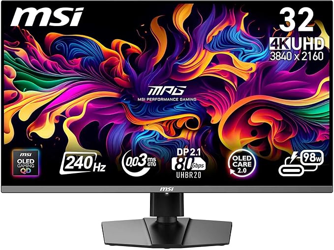 MSI, MPG 322URXDE QD-OLED, 32-Zoll,4K UHD, 3840x2160,OLED Monitor, 240Hz, 0.03ms, DisplayHDR True Black 400, G-SYNC Kompatibel, HDMI 2.1, DP 2.1a, USB C (98W PD), Höhenverstellbar, Schwarz [Energieklasse F] (9S6-3DD29A-016)