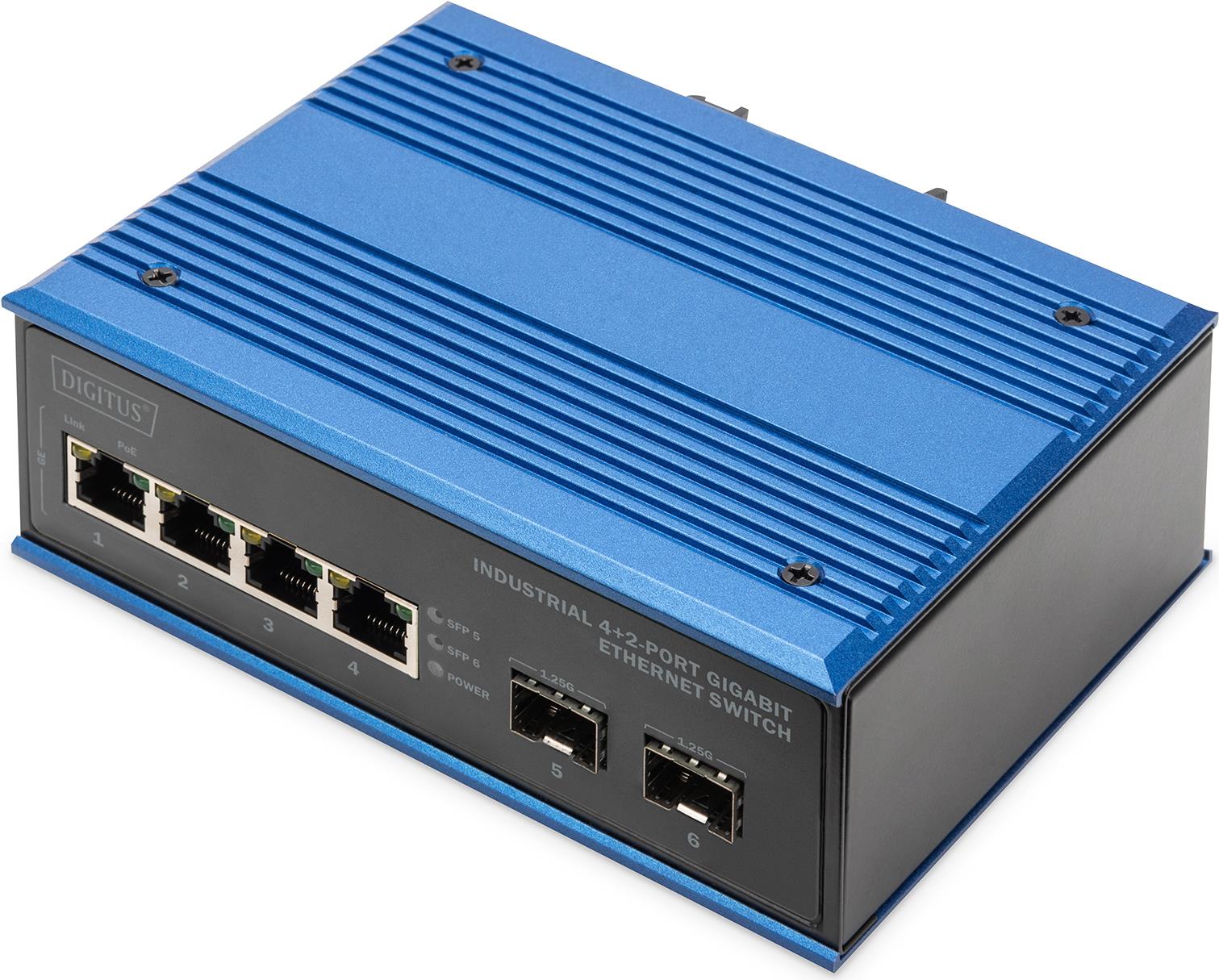 Digitus Industrial 4+2 -Port Gigabit Ethernet Switch. Switch-Typ: Unmanaged. Basic Switching RJ-45 Ethernet Ports-Typ: Gigabit Ethernet (10/100/1000), Anzahl der basisschaltenden RJ-45 Ethernet Ports: 4, Anzahl installierten SFP Module: 2. Vollduplex. MAC-Adressentabelle: 2000 Eintragungen, Routing-/Switching-Kapazität: 1 Gbit/s. Netzstandard: IEEE 802.3x. Rack-Einbau (DN-651148)