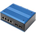 Digitus Industrial 4+2 -Port Gigabit Ethernet Switch. Switch-Typ: Unmanaged. Basic Switching RJ-45 Ethernet Ports-Typ: Gigabit Ethernet (10/100/1000), Anzahl der basisschaltenden RJ-45 Ethernet Ports: 4, Anzahl installierten SFP Module: 2. Vollduplex. MAC-Adressentabelle: 2000 Eintragungen, Routing-/Switching-Kapazität: 1 Gbit/s. Netzstandard: IEEE 802.3x. Rack-Einbau (DN-651148)