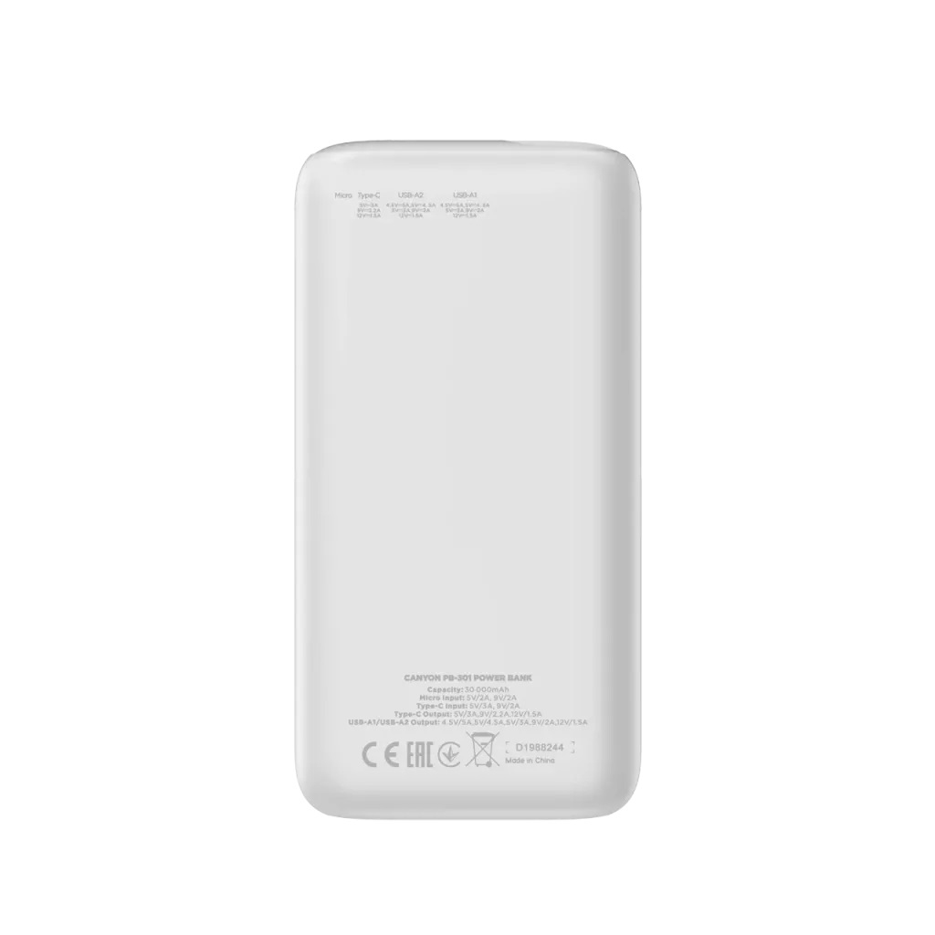 Canyon PB-301 Powerbank 30000 mAh 20 W PD QC 3.0 Weiß