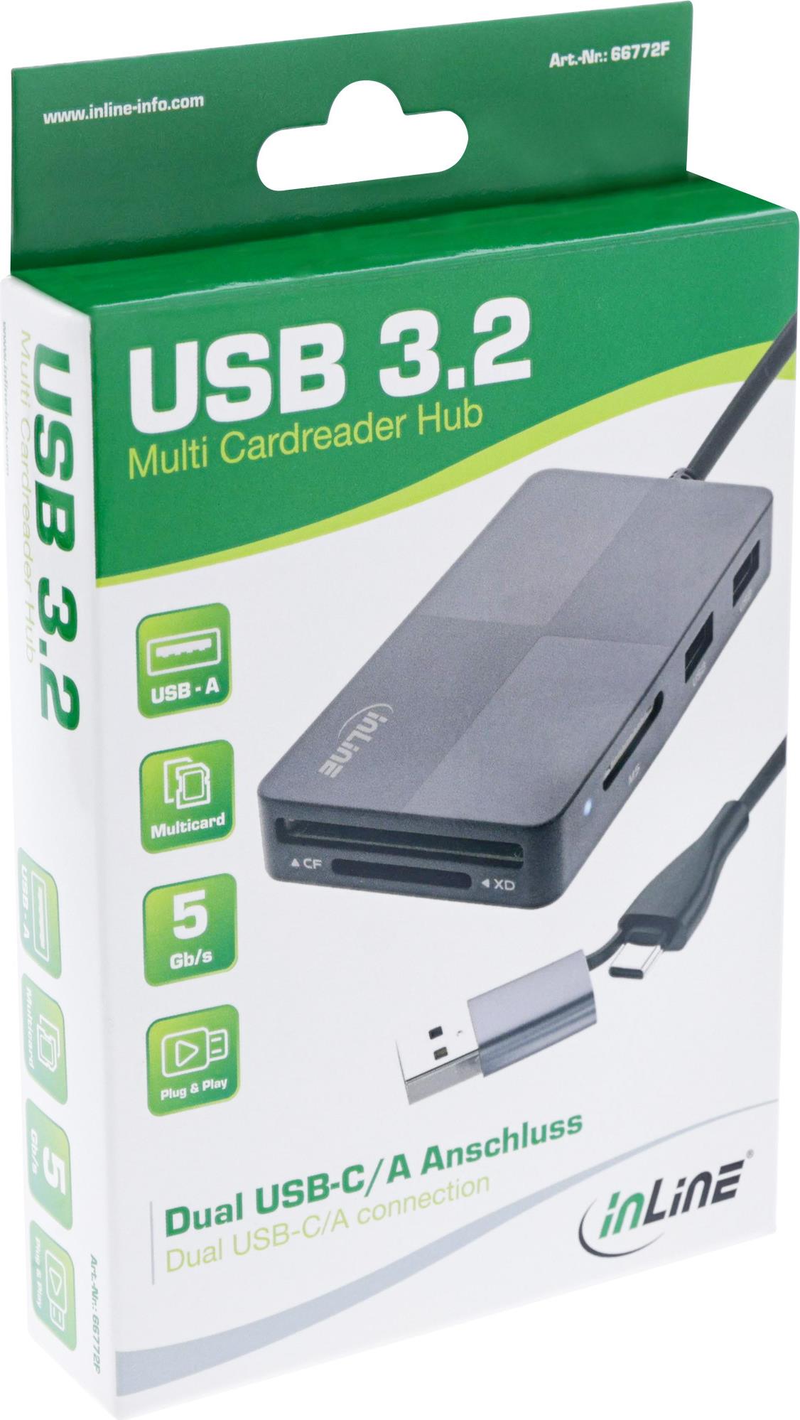 InLine USB 3.2 Multi Cardreader Hub, SD/TF/MS/XD/CF, 3-Port USB-A, Schwarz/Grau