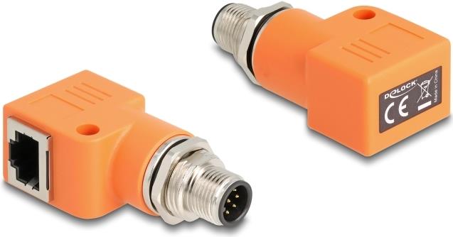 Delock M12 Adapter A-kodiert 8 Pin Stecker zu RJ45 Buchse Cat.5e mit Befestigungsloch 90° gewinkelt orange (60627)