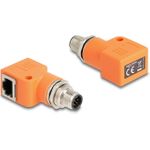 Delock M12 Adapter A-kodiert 8 Pin Stecker zu RJ45 Buchse Cat.5e mit Befestigungsloch 90° gewinkelt orange (60627)