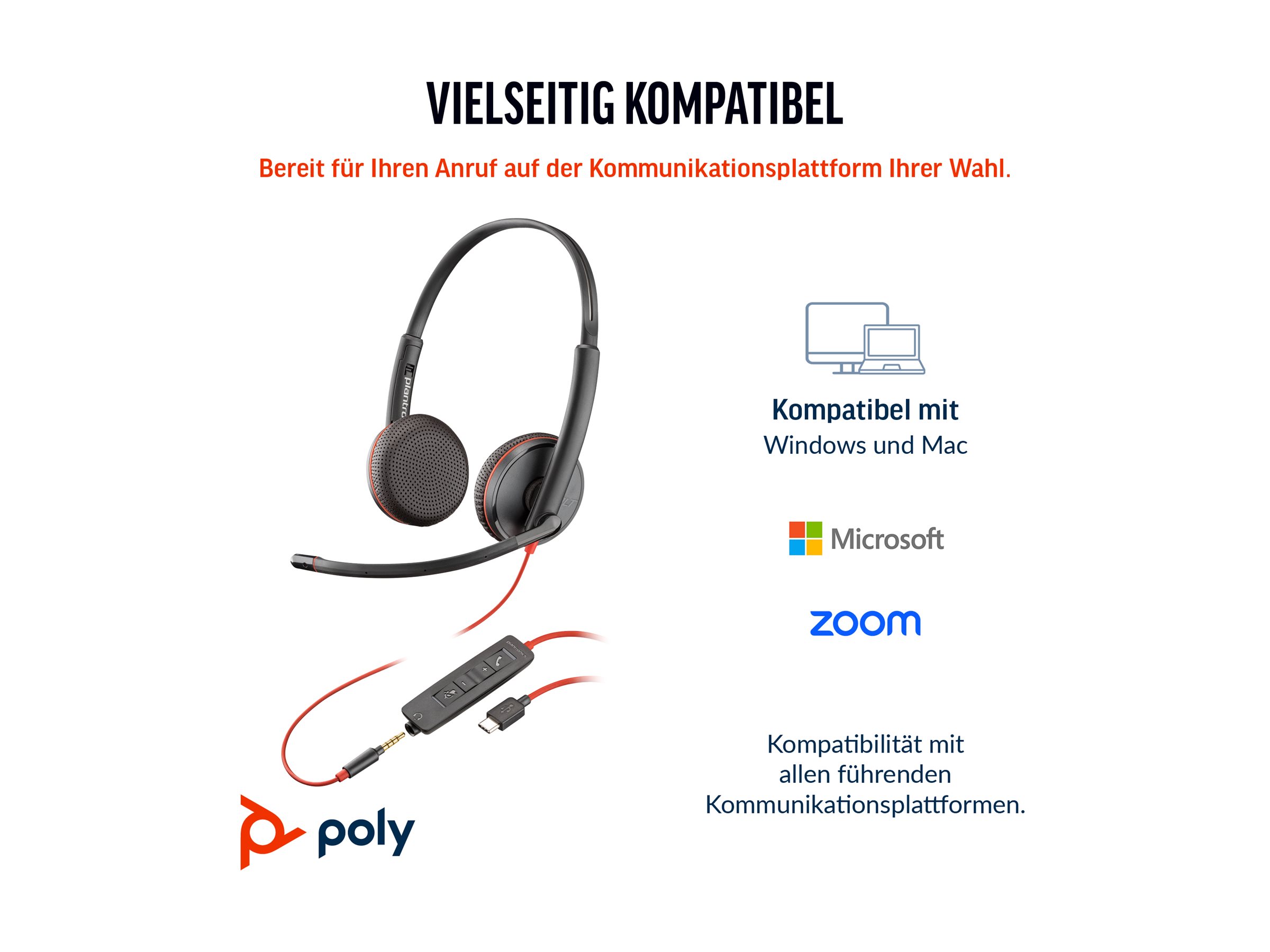 HP Poly Blackwire C3225 On-Ear Headset USB-C 3,5 mm Stecker Schwarz