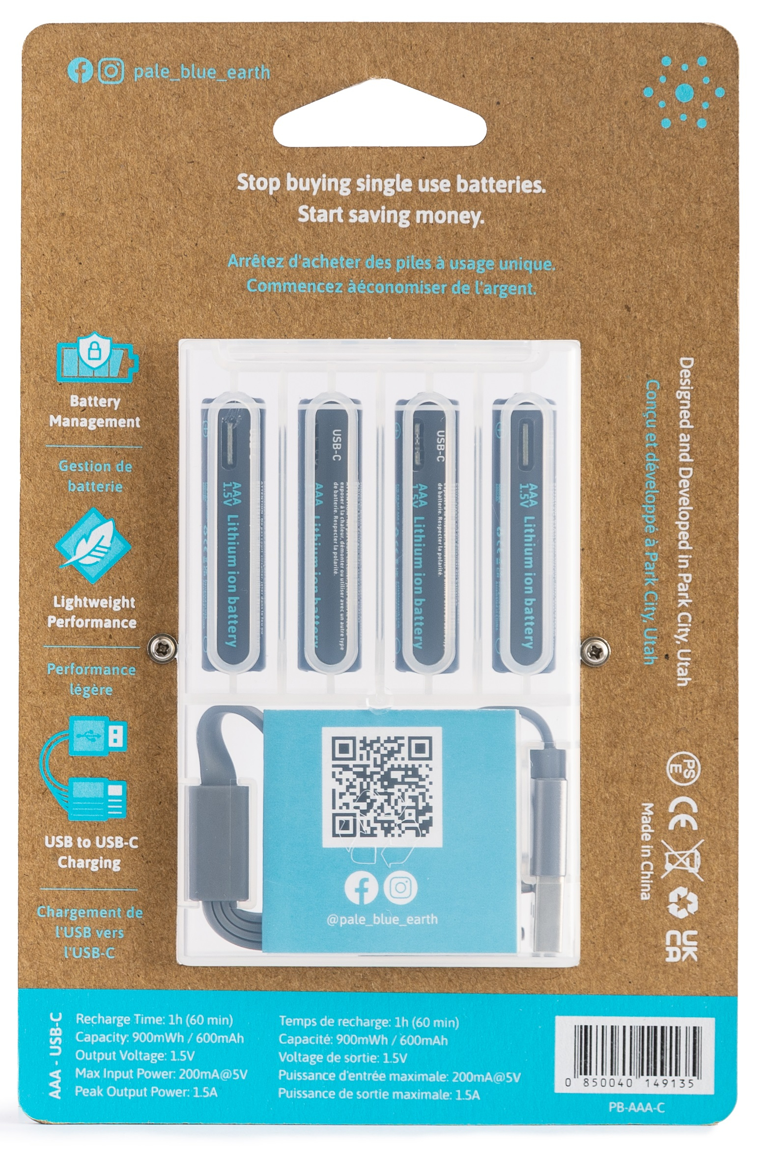 Pale Blue PB-AAA-C Wiederaufladbarer AAA Akku Lithium-Ion 1,6 V 600 mAh 4 Stück Grau