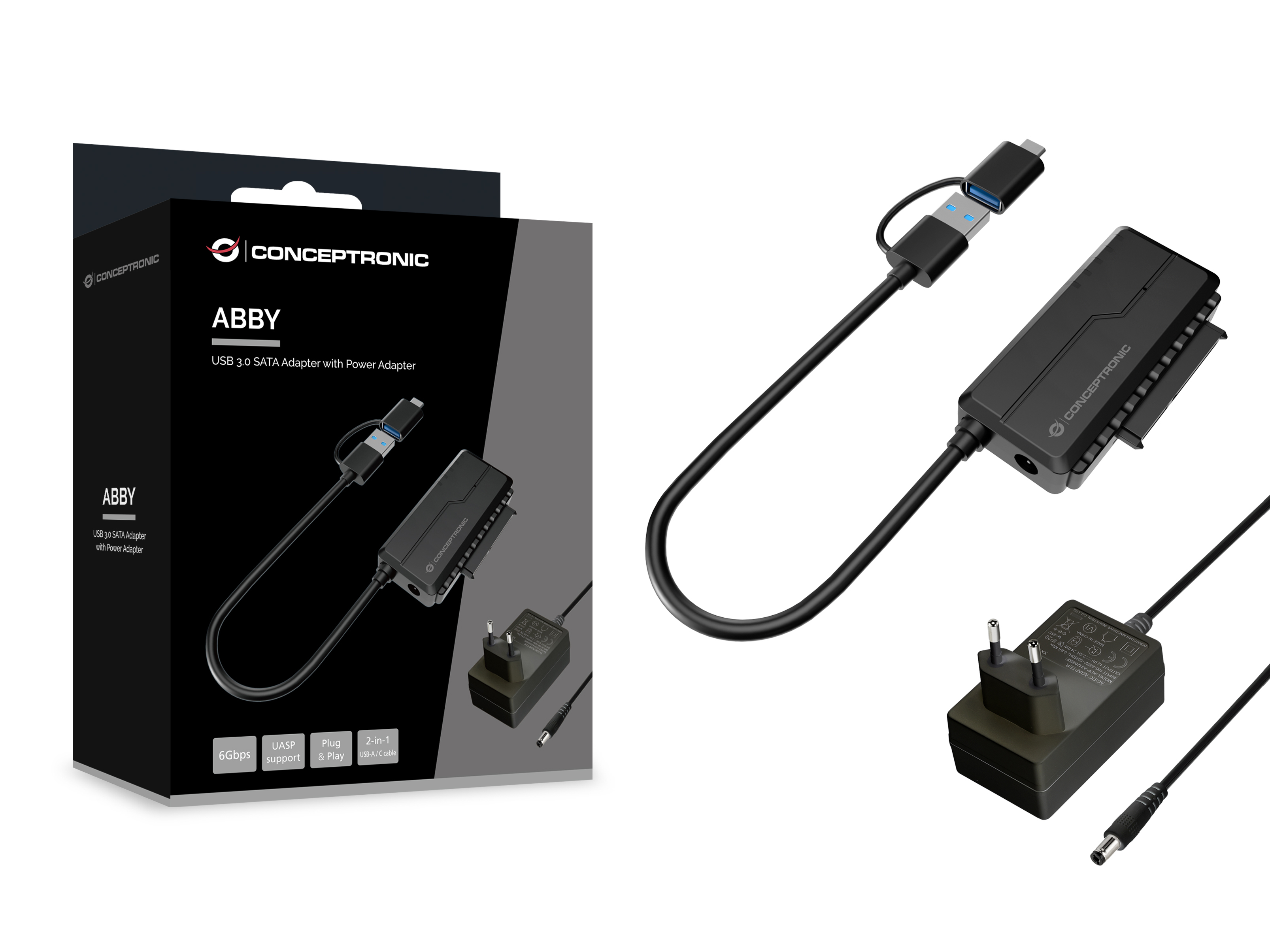 Conceptronic ABBY21B USB 3.0 SATA-Adapter mit Netzteil für 2,5"/3,5" HDD/SSD Schwarz