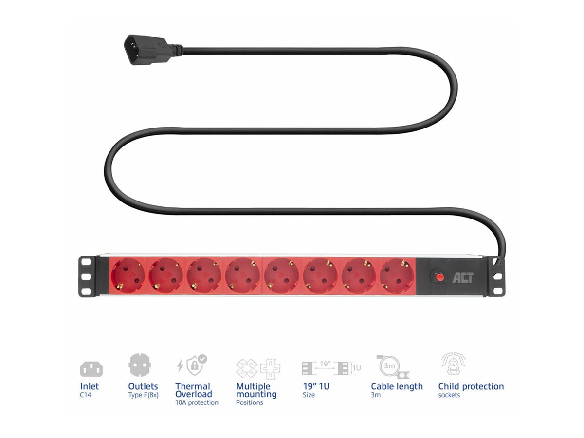 ACT PDU 19" Steckdosenleiste 8x Typ F C14 3m H05VV-F 2500W Schwarz, Rot