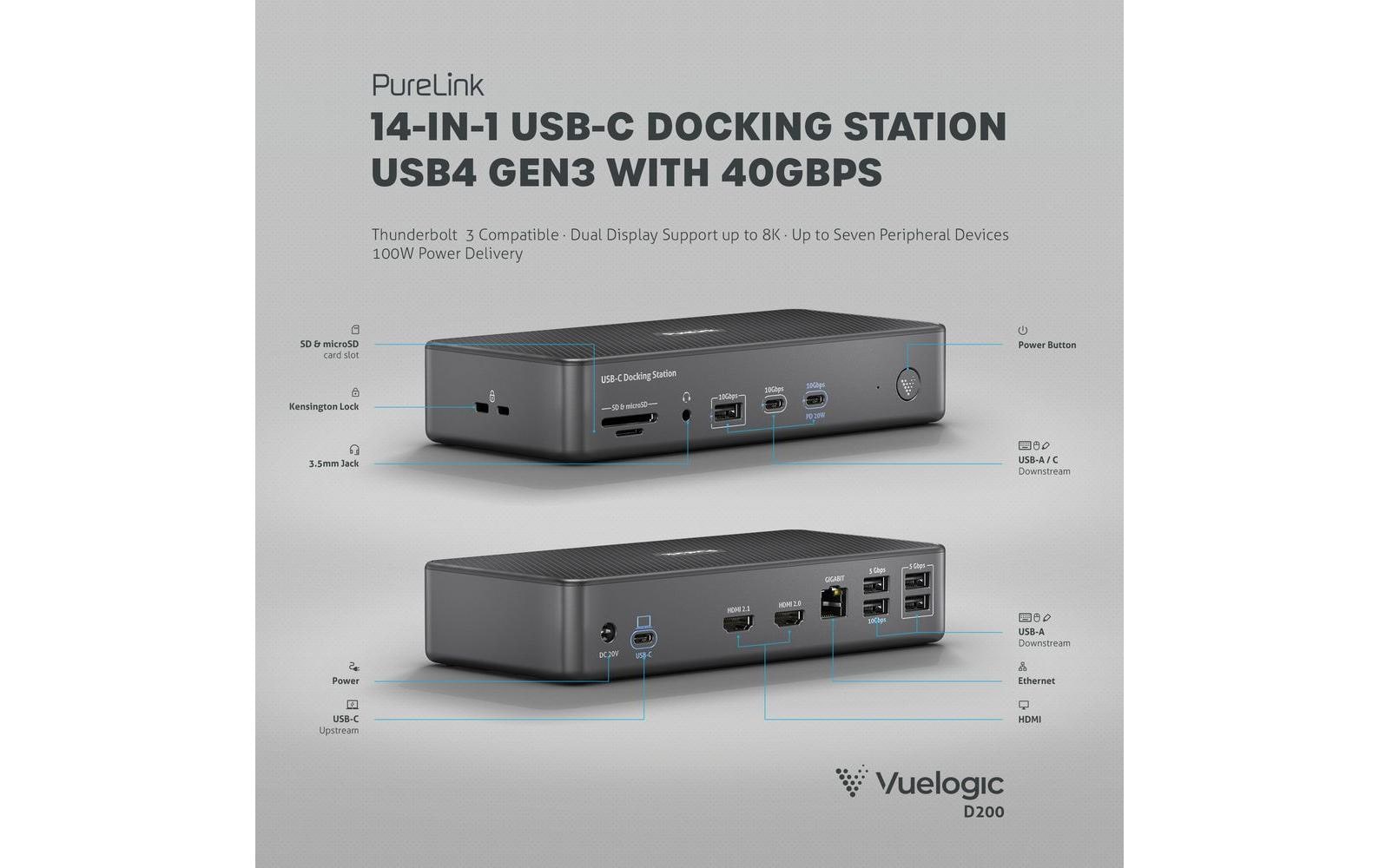 PureLink Vuelogic VL-D200 USB4-Dockingstation 8K Dual-Display 100 W Grau