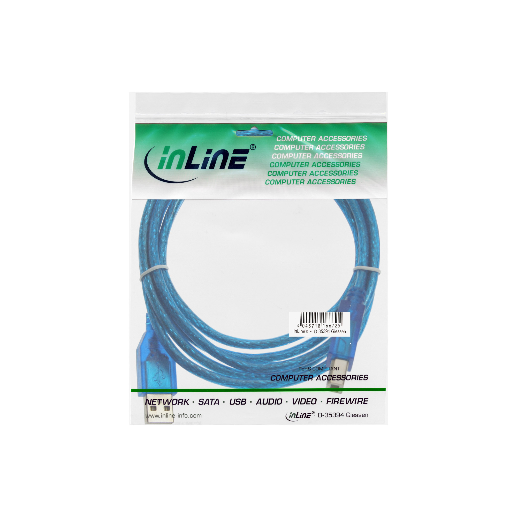 InLine USB 2.0 Kabel USB A auf USB B 3 m Blau-Transparent