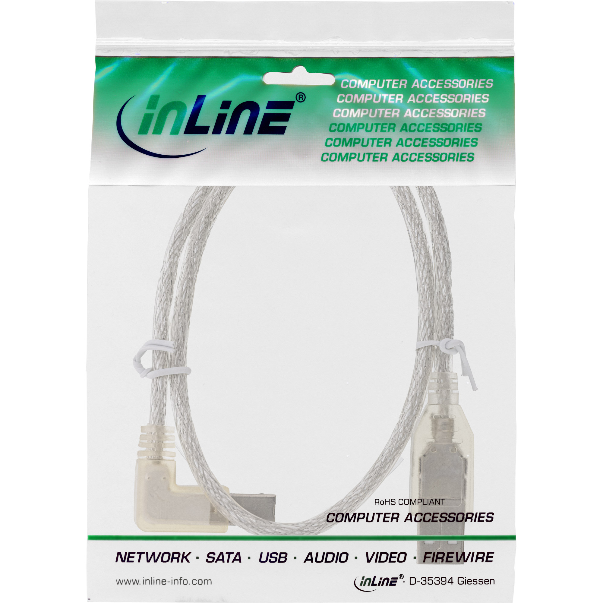 InLine USB 2.0 Kabel USB A auf USB B Links Abgewinkelt 30 cm Transparent