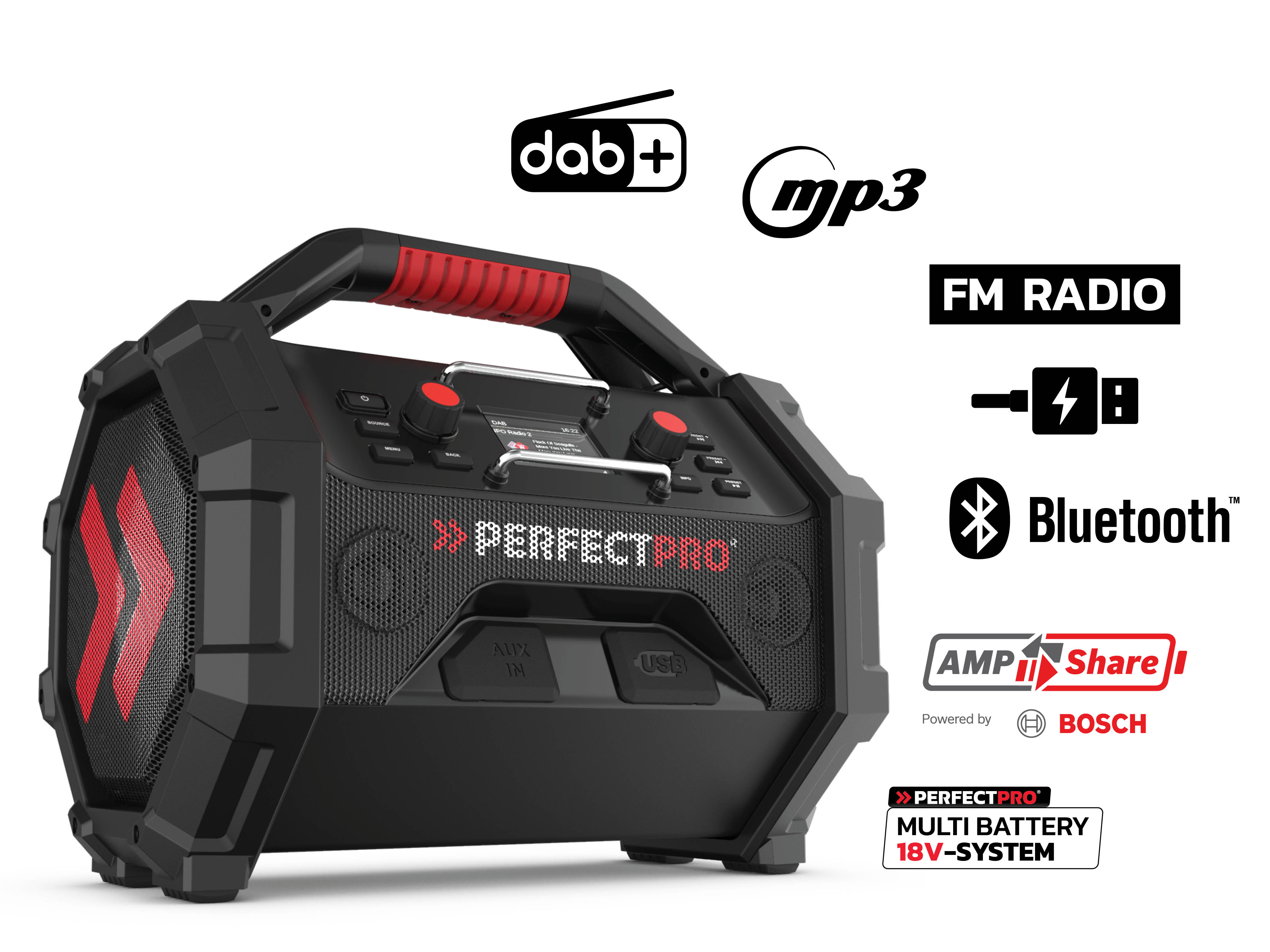 PerfectPro Rocktagon OCT-18V Baustellenradio DAB+ FM Bluetooth 30W IP65 Schwarz Rot