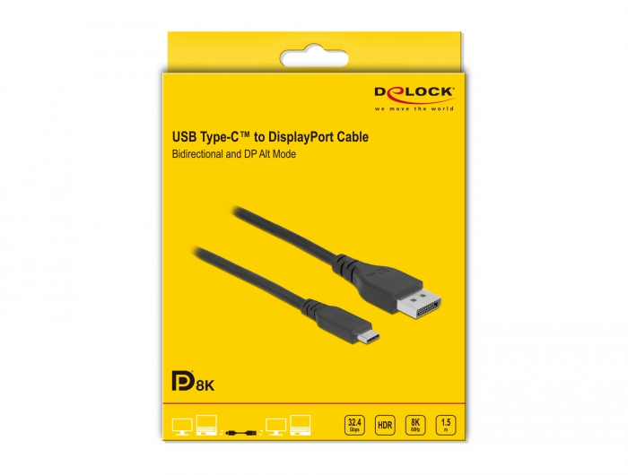 Delock USB Typ-C auf DisplayPort Kabel bidirektional 8K 60 Hz 1,5 m DP 8K zertifiziert Schwarz