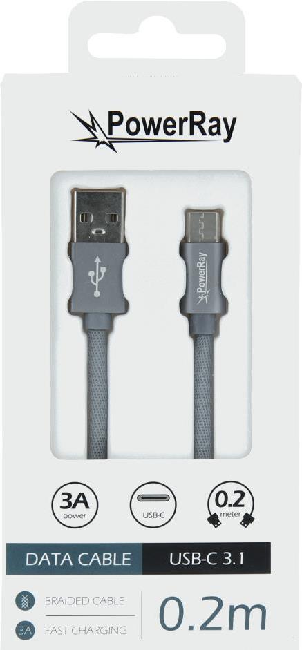 PowerRay Data Cable PR-DCUC020TGY, USB / USB-C, 0.2 m, Textile grey, Blister (PR-DCUC020TGY)