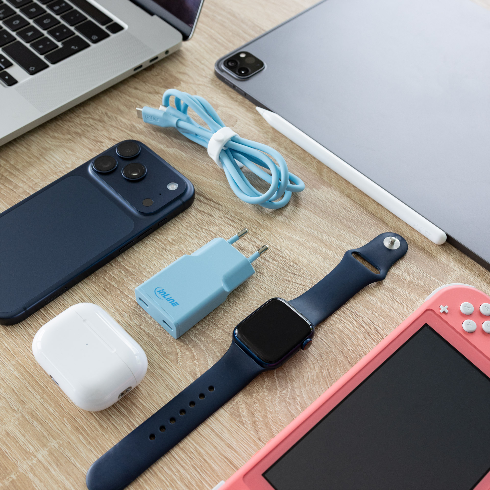 InLine USB-C Ladegerät 30W GaN Dual USB-C PD/PPS Eisbonbon/blau