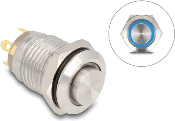 Delock Drucktaster zum Einbau 12 mm 4 x Lötanschluss LED blau (20984)