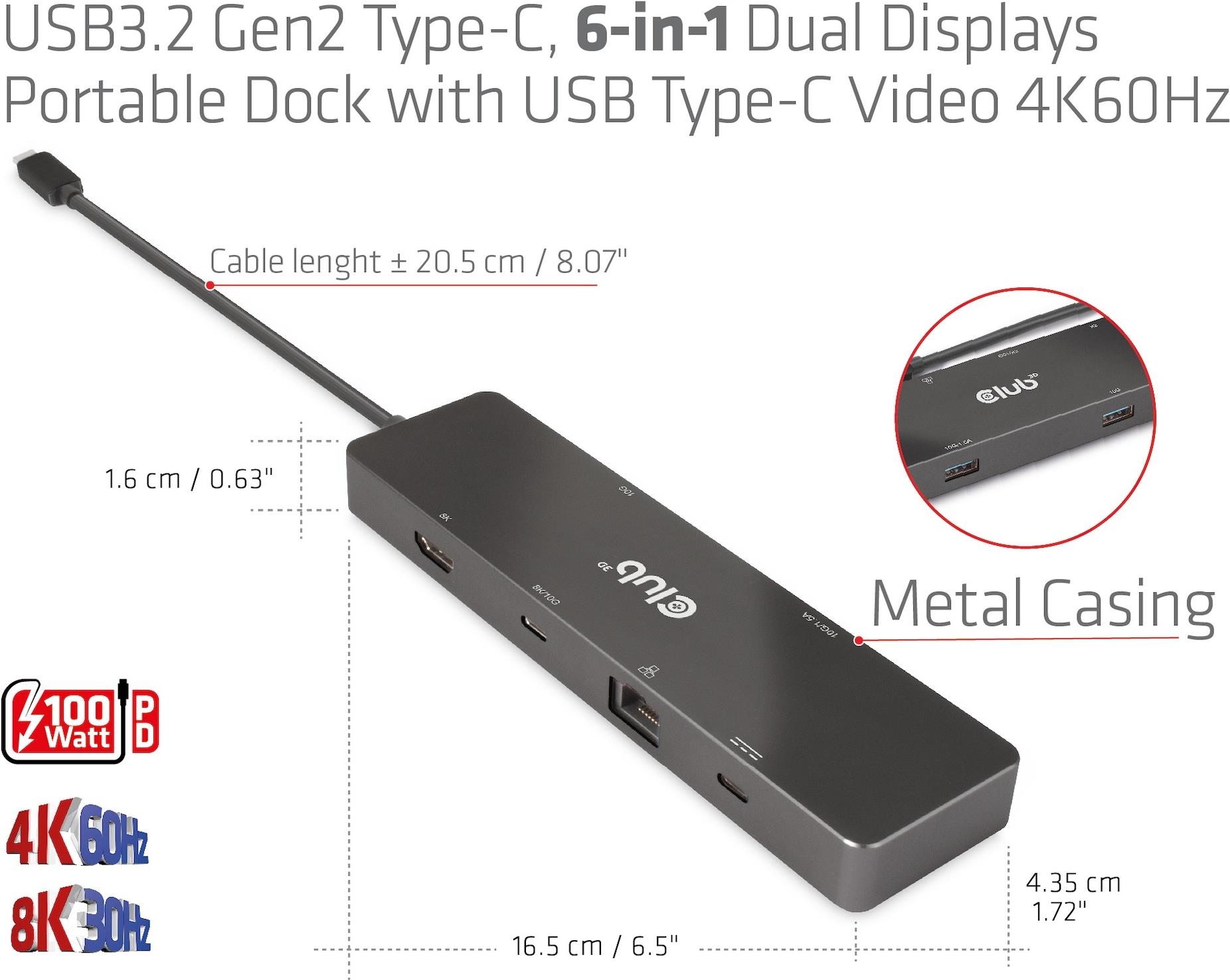 Club 3D CSV-1584 Tragbare USB-C Dockingstation Dual 4K@60Hz 100W Schwarz