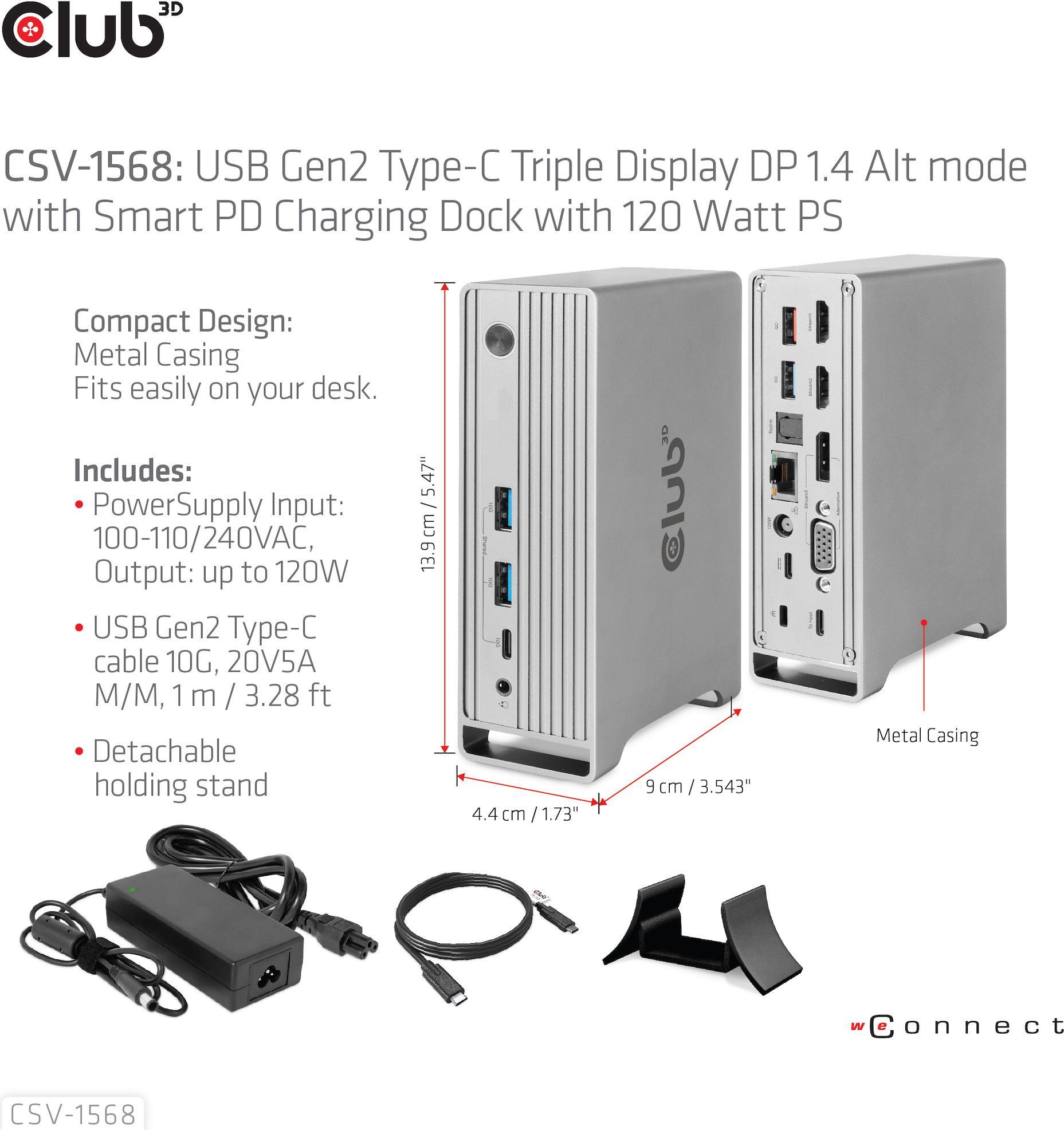 Club 3D CSV-1568 Dockingstation USB-C Triple Display 120 W Metallic