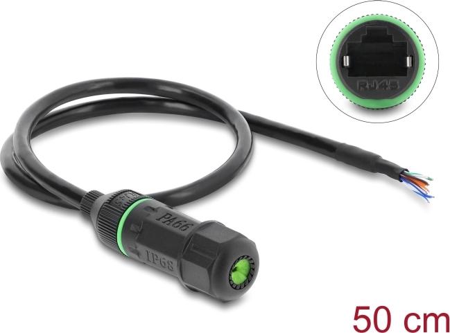 Delock Kabel RJ45 Buchse zu offene Kabelenden zum Einbau Cat.6 mit M16,8 x 1,5 mm Gewinde und Gehäuse 50 cm schwarz (87181)