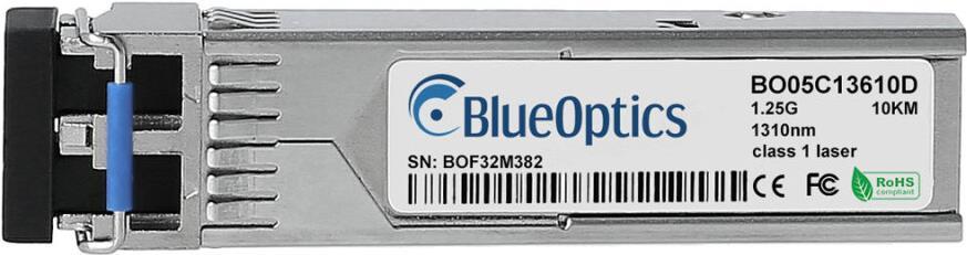 HPE Aruba R9Q44A kompatibler BlueOptics© SFP Transceiver für Singlemode Gigabit Highspeed Datenübertragungen in Glasfaser Netzwerken. Unterstützt Gigabit Ethernet, Fibre Channel oder SONET/SDH Anwendungen in Switchen, Routern, Storage Systemen und ähnlich (R9Q44A-BO)
