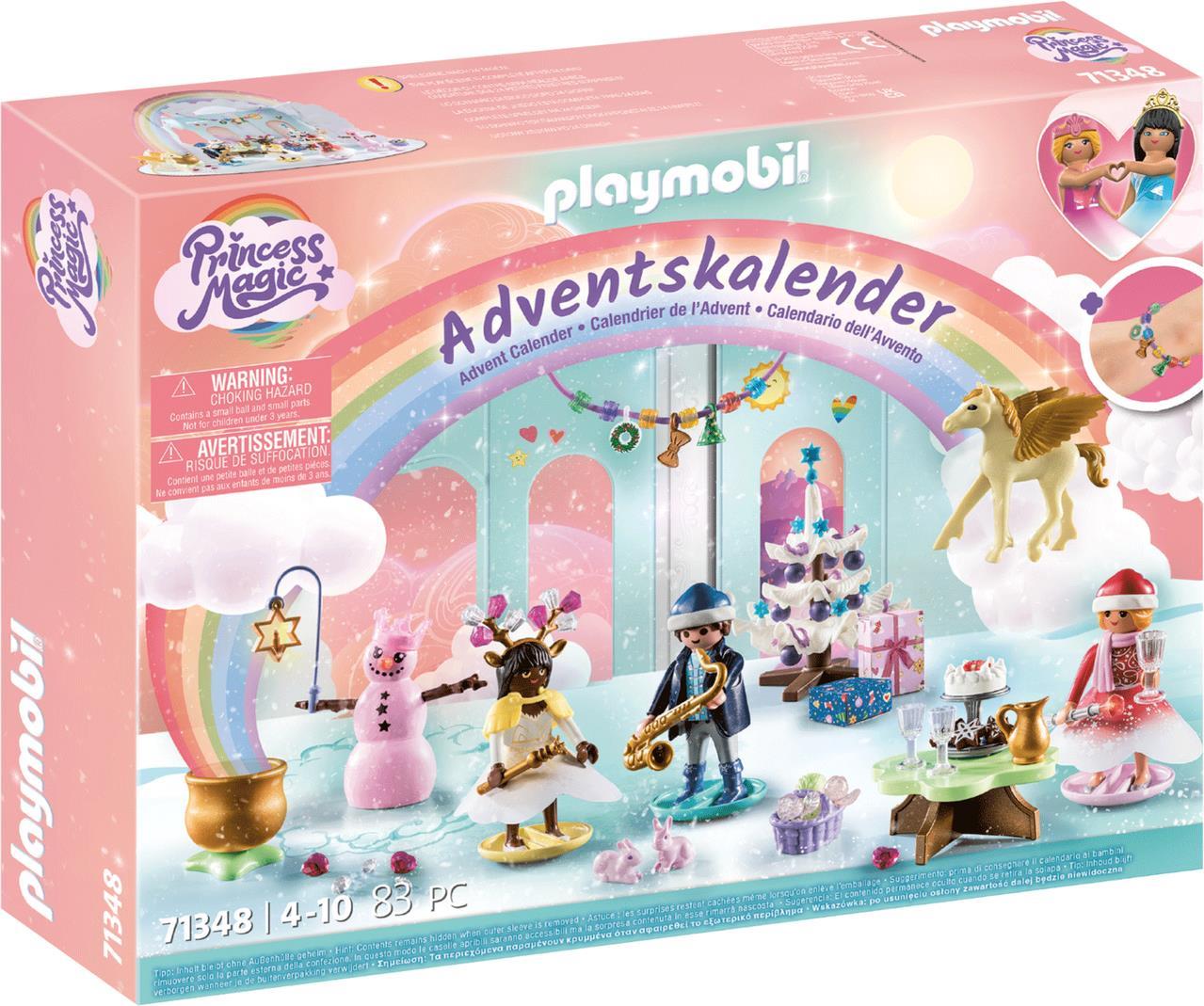 Playmobil Princess Adventskalender "Weihnachtsfest unter dem Regenbogen". Form: Box, Befestigungstyp: Freistehend, Produktfarbe: Mehrfarbig. Verpackungsinhalt: Figuren: 2 Regenbogenprinzessinnen, 1 Prinz; Tiere: 2 x Kaninchen, 1 Pegasusfohlen; Zubehör: 2.... Verpackungsart: Geschlossene Box (71348)