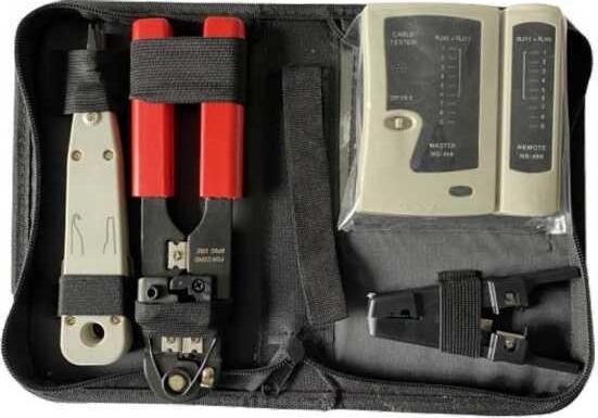 IT-BUDGET Komplettes Netzwerk Werkzeugset mit Tasche - Netzwerktester, LSA-Anlegewerkzeug, Crimpzange und Abisolierer (90ITBNWS)