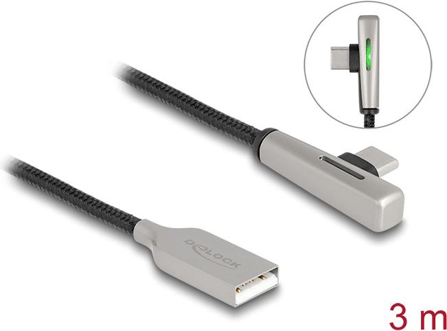 Delock USB 2.0 Kabel Typ-A Stecker zu USB Type-C™ Stecker gewinkelt mit LED und Schnellladefunktion 60 W 3 m (80768)